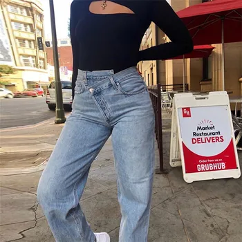 VIBESOOTD Neregulate Moda Denim Pantaloni Largi Picior Blugi Talie Mare pentru Femei Streetwear Harajuku Pierde mult Timp cu Iubitul Blugi