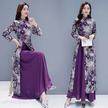 Vietnam Ao Dai Rochie pentru Femei Tradiția Chineză Cheongsam Qipao Plus Size Floral Violet Print Slim Stil de Rochie de Mireasa Eleganta
