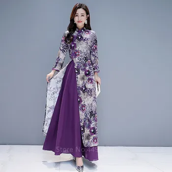 Vietnam Ao Dai Rochie pentru Femei Tradiția Chineză Cheongsam Qipao Plus Size Floral Violet Print Slim Stil de Rochie de Mireasa Eleganta