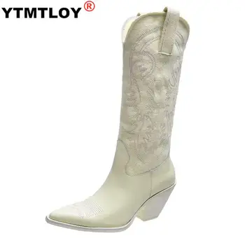 Vinapobo Nou Brand Brodate Vest Cizme de Cowboy pentru Femei pe Piața Med Tocuri Ascuțite Toe de Înaltă Calitate Genunchi Ridicat Cizme Femei Pantofi