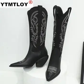 Vinapobo Nou Brand Brodate Vest Cizme de Cowboy pentru Femei pe Piața Med Tocuri Ascuțite Toe de Înaltă Calitate Genunchi Ridicat Cizme Femei Pantofi