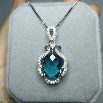 Vintage acvamarin piatră prețioasă albastru de cristal pandantiv coliere pentru femei diamante 18k aur alb ton cravată argent de bijuterii bijoux