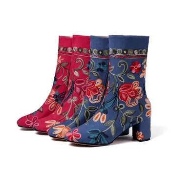 Vintage brodata pentru femei cizme de iarna plus catifea toc înalt pantofi pentru femei albastru roșu tub de Mijloc cizme damski boty bottes