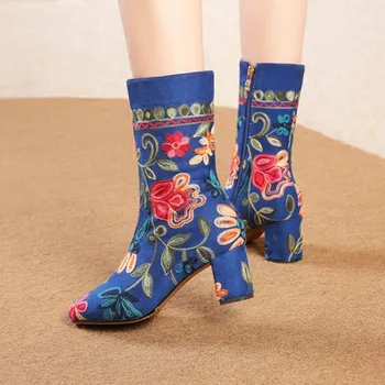 Vintage brodata pentru femei cizme de iarna plus catifea toc înalt pantofi pentru femei albastru roșu tub de Mijloc cizme damski boty bottes