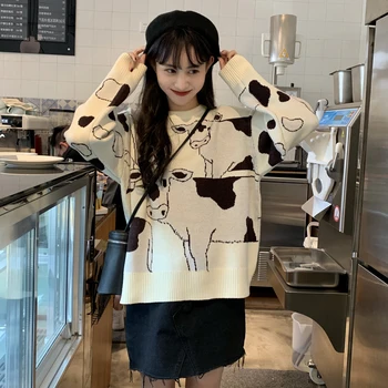 Vintage Casual Pierde Leneș Vaca Pulover de sex Feminin coreeană Harajuku Pulovere pentru Femei Japoneze Kawaii Drăguț Haine Pentru Femei