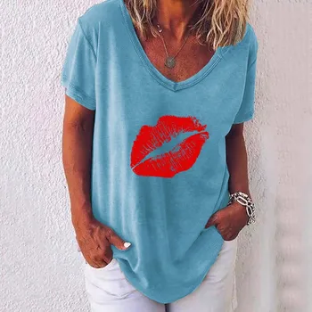 Vintage de top de sex feminin tricou Femei plus dimensiune Casual V Gatului Maneca Scurta Buza de Imprimare Bluza Bluze bluza pentru femei