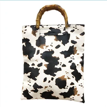Vintage Design geanta pentru Femei Bambus sac de moda Vaca Dot Imprimate tote sac negru si alb din piele PU geantă de mână pentru femei de Cumpărături Pungă