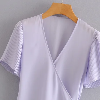 Vintage elegant solid cruce V gât papion bluza femei 2020 maneca scurta mov tricouri scurte de sex feminin casual topuri de cultură blusas
