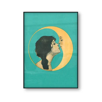 Vintage Fata Saruta Luna Arta Panza de Imprimare Omul din Lună Art Decor de Epocă Luna Fata de Arta de Perete Poster Imagine Panza Pictura