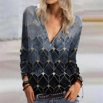 Vintage Geometrie Imprimare Fermoare V-Neck Bluza Femei Cu Maneci Lungi Tricouri Pulovere Plus Dimensiune Topuri De Toamnă De Primăvară Doamna Dungi Bluza