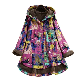 Vintage Imprimate Femei Parka Coat Plus Dimensiune Maneca Lunga Iarna Cald Cu Capișon Jachete Haine De Lână Buton-Jos Femei Uza
