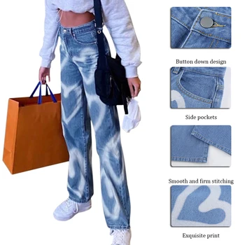 Vintage Inima Tipărite Blugi Largi Femei Talie Mare Harajuku Estetice Mama Blugi Denim Streetwear 90 Pantaloni