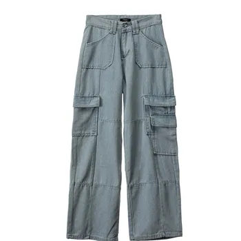 Vintage Largi Picior Blugi Femei Blugi Cu Talia Inalta Coreean Streetwear Buzunare Pantaloni Din Denim Albastru Casual Pantaloni Lungi