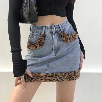 Vintage Leopard Faux Blana Mozaic Fuste Cu Talia Inalta Femei Doamnă La Modă În 2020 Harajuku Denim Buzunar Creion, Fuste Mini Saias