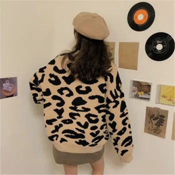 Vintage Leopard Femei Pulover Stil coreean Casual, O-neck Culoare Lovit Maneca Lunga Pulover Cald Jumperi Leneș Supradimensionate Cârpă de Iarnă