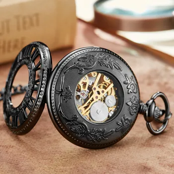 Vintage Retro Rafinat Sculptate Dial Mecanice Ceas de Buzunar FOB Lanț de Lux Gol Negru Roman Mână Vântul Bărbați Ceas de Ceas de Buzunar