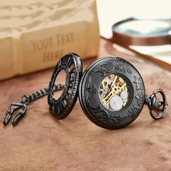 Vintage Retro Rafinat Sculptate Dial Mecanice Ceas de Buzunar FOB Lanț de Lux Gol Negru Roman Mână Vântul Bărbați Ceas de Ceas de Buzunar