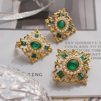 Vintage stil etnic încrustat verde pietre semi-pretioase imitație perla brosa argint 925 ac cercei Ureche clip colier Costum