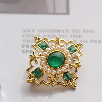 Vintage stil etnic încrustat verde pietre semi-pretioase imitație perla brosa argint 925 ac cercei Ureche clip colier Costum