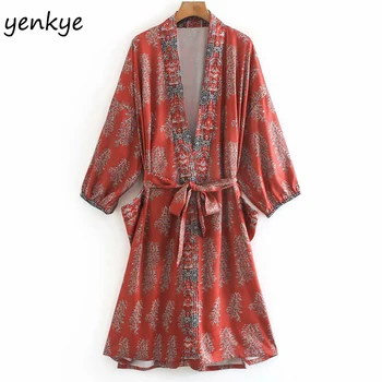 Vintage Supradimensionat Kimono Rochie Femei În V Gâtului Batwing Maneca Cu Centura Buzunare Florale Rochie De Imprimare Doamna Vacanta De Vara Rochie Casual