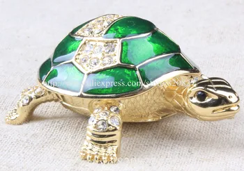 Vintage Turtle Bijuterii Breloc Cutie Decorativ De Colectie Email Mare Cadou Broasca Mare De Cristal Împânzit Comoara Keepsake Box