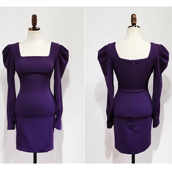 Violet Elegant Office Lady Dress 2020 Primavara Toamna Simplu Pătrat și Mâneci lungi Temperament Talie Mare Partid Rochie de Femei