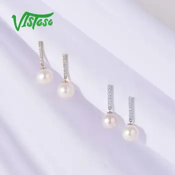 VISTOSO Pur 14K 585 Galben/Aur Alb Cercei Pentru Femei strălucitor Diamant Apă dulce Pearl Unic, la Modă, Elegant Bijuterii Fine