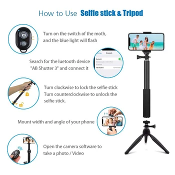 VODOOL 3 in1 Pliabil Bluetooth Selfie Stick-ul de 360 de Grade de Rotație Portabil Smartphone Monopod pentru Live Video cu Telecomanda