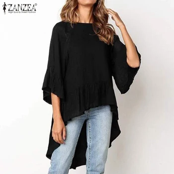 Volane asimetrice Moda Vintage Casual, Bluze Largi ZANZEA Femei Flare Sleeve Shirt O-Neck Solid Combinezon Plus Dimensiune 5XL