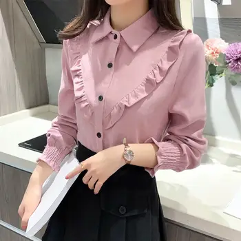Volane Elegante Femei Pantaloni De Catifea Cord Shirt De Toamna Cu Maneci Lungi Modei Coreean De Top De Cauzalitate Pierde Rândul Său, În Jos Guler Doamnelor Bluza