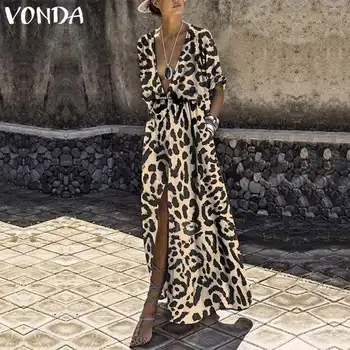 VONDA Femei Leopard de Imprimare Rochie Lunga 2021 Sexy V-Neck Maneca Jumătate de Talie Mare Split Rochie de Petrecere de Vacanță Casual Plus Dimensiune Vestidos