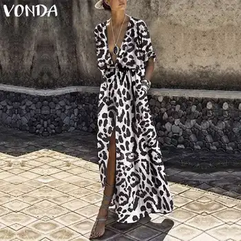 VONDA Femei Leopard de Imprimare Rochie Lunga 2021 Sexy V-Neck Maneca Jumătate de Talie Mare Split Rochie de Petrecere de Vacanță Casual Plus Dimensiune Vestidos