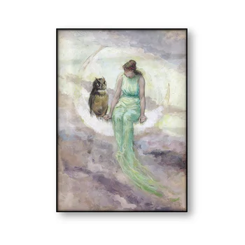 Vrăjitoarea e Fiica Zeiței Lunii Poster de Epocă Panza Pictura Femeie pe Crescent Moon Owl Antic Basm Arta de Perete Poza