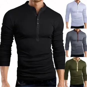Vânzări la cald de Primavara Toamna pentru barbati Mens Slim Fit V Gât Butonul Maneca Lunga Tee Musculare, T-shirt, Bluze Casual Tricouri Henley