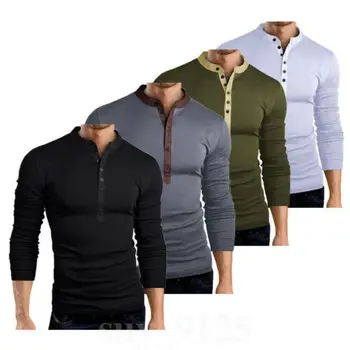 Vânzări la cald de Primavara Toamna pentru barbati Mens Slim Fit V Gât Butonul Maneca Lunga Tee Musculare, T-shirt, Bluze Casual Tricouri Henley