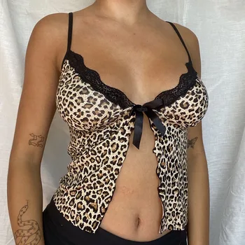 Waatfaak Leopard de Imprimare E-fata Sexy Spaghete Curele Femei de Top Split Arc Dantelă Mozaic Y2k Crop Top Camis Bustiera Topuri Rezervor 2020