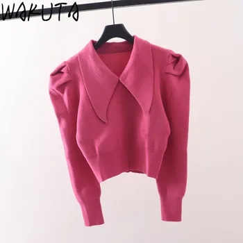 WAKUTA 2020 Toamna Iarna cu Dungi Pulover Scurt Femei Elegante Noi Puff Maneca Guler de Turn-down Pulovere Streetwear KnittedTops