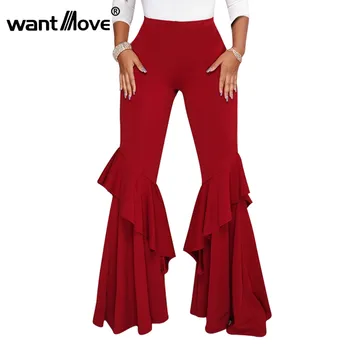Wantmove 5 culori de semnalizare pantaloni ruffer pantaloni lungi mozaic 2020 nou toamna iarna femei talie mare, solid, full pantaloni JZ237