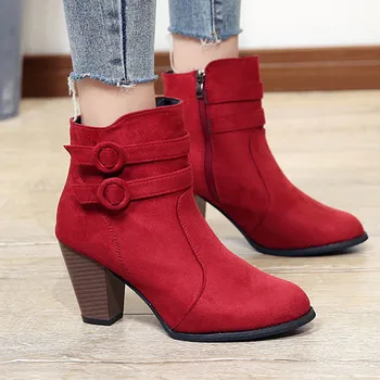 WDHKUN Roșu Cizme Femei 2020 Glezna Cizme pentru Femei cu Toc Înalt Pantofi de Toamnă de Moda pentru Femei cu Fermoar Cizme Marimea 43 Botas Mujer