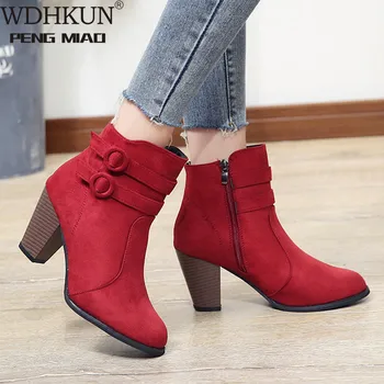 WDHKUN Roșu Cizme Femei 2020 Glezna Cizme pentru Femei cu Toc Înalt Pantofi de Toamnă de Moda pentru Femei cu Fermoar Cizme Marimea 43 Botas Mujer