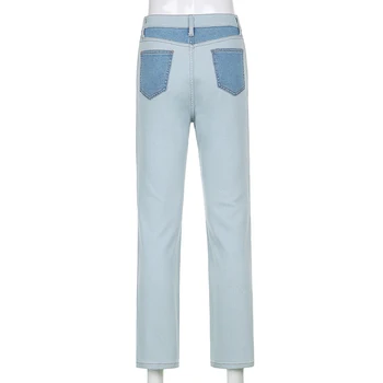 Weekeep 90 de Epocă Mozaic Denim Pantaloni Femei Mijlocul Talie Streetwear Blugi coreean Contrast Pocket Straight Jean Y2K Toamna