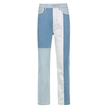 Weekeep 90 de Epocă Mozaic Denim Pantaloni Femei Mijlocul Talie Streetwear Blugi coreean Contrast Pocket Straight Jean Y2K Toamna