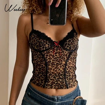 Weekeep Epocă Y2K Dantela Mozaic Crop Top pentru Femei Streetwear Leopard de Imprimare Bretele cu Spatele gol de sex Feminin Sexy V-Neck 90 Vesta Haine