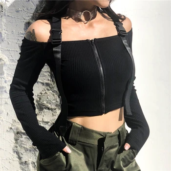 Weekeep Negru Slash Gât Trunchiate tricou Curea Ajustabilă cu Maneci Lungi tricou 2018 Moda Streetwear Fata cu Fermoar de Sus a Culturilor