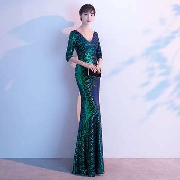 Wei yin AE0241 Rochie de Seară Lungă perioadă de Strălucire Verde V-Neck Femei Elegante, Paiete Sirenă Maxi Seara Rochie de Petrecere