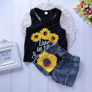 Weixinbuybrand Copii Baby Girl Haine Tinutele Florale T-shirt, Blaturi +Blugi Denim pantaloni Scurți Set 2 buc
