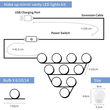 WENNI USB LED Lampa de Perete LED Lumina Machiaj Vanitatea Oglindă Lampă LED Oglinda Masa de toaleta Bec de 12V de la Hollywood Cosmetice Lumina Estompat