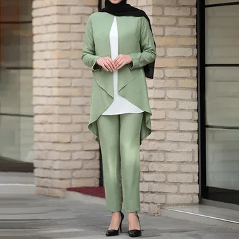 Wepbel Femeile Musulmane Seturi Topuri Cu Maneci Lungi Bluza + Pantaloni Culoare Solidă Vara Islamice Feminin 2 Bucată De Costume De Haine De Moda