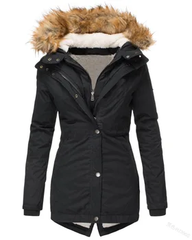 WEPBEL Iarna Casual Culoare Solidă Slim Fit cu Fermoar Parka pentru Femei de Moda Cald Maneca Lunga Single-Breasted Hooded Parka Coat