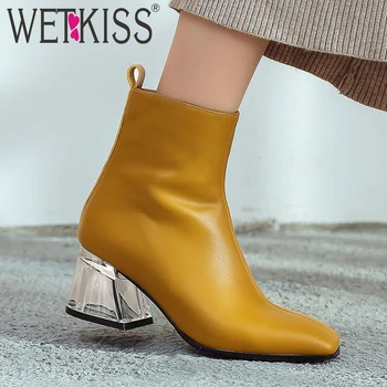 WETKISS Cristal Tocuri inalte pana la Glezna Cizme pentru Femei de Vacă Botine din Piele Zip Pantofi pentru Femeie Pantofi de Partid Doamnelor Square Toe Pantofi de Partid 2019